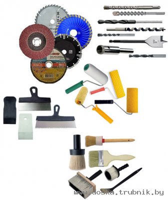Инструмент: кисти, валики, шпатели, круги, сверла.
